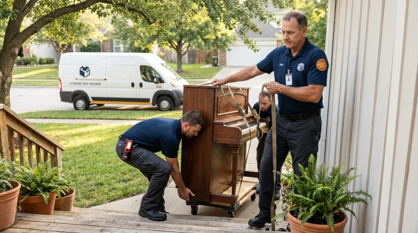 Licensed piano movers securing grand piano in Safety Harbor, FL
