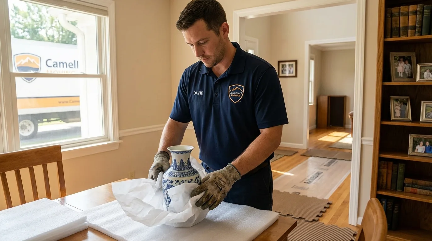 Professional crew carefully wrapping antique vase for senior downsizing move in Safety Harbor, FL